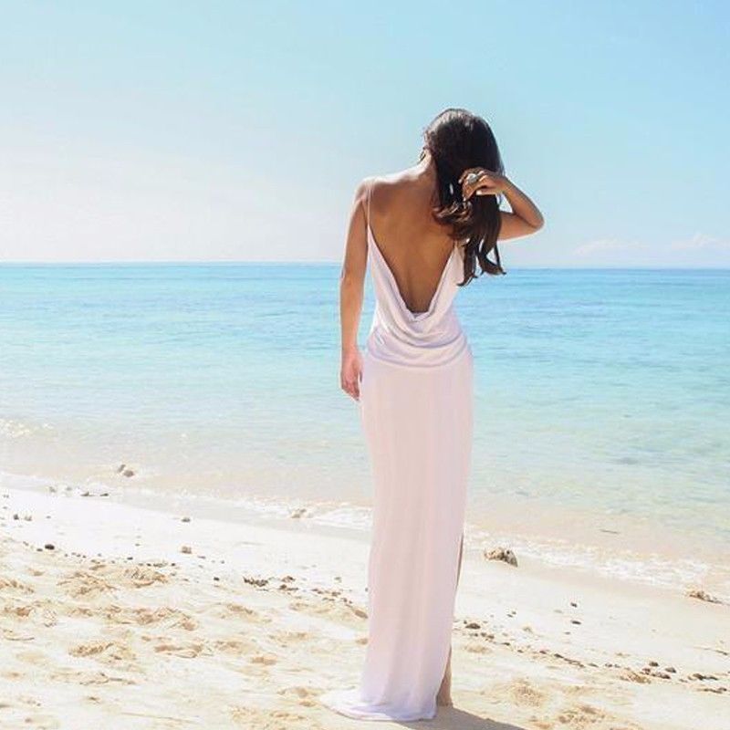 Sexy Backless Beach Bridal Dress,Slit Spaghetti Straps Summer White Wedding Gowns OK260