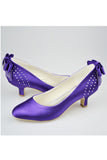 Purple Satin Beaded Low Heel Close Toe Women Shoes With Bow S126