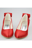 Beautiful Red Satin Beaded Low Heel Close Toe Women Shoes S127