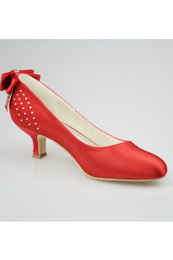 Beautiful Red Satin Beaded Low Heel Close Toe Women Shoes S127