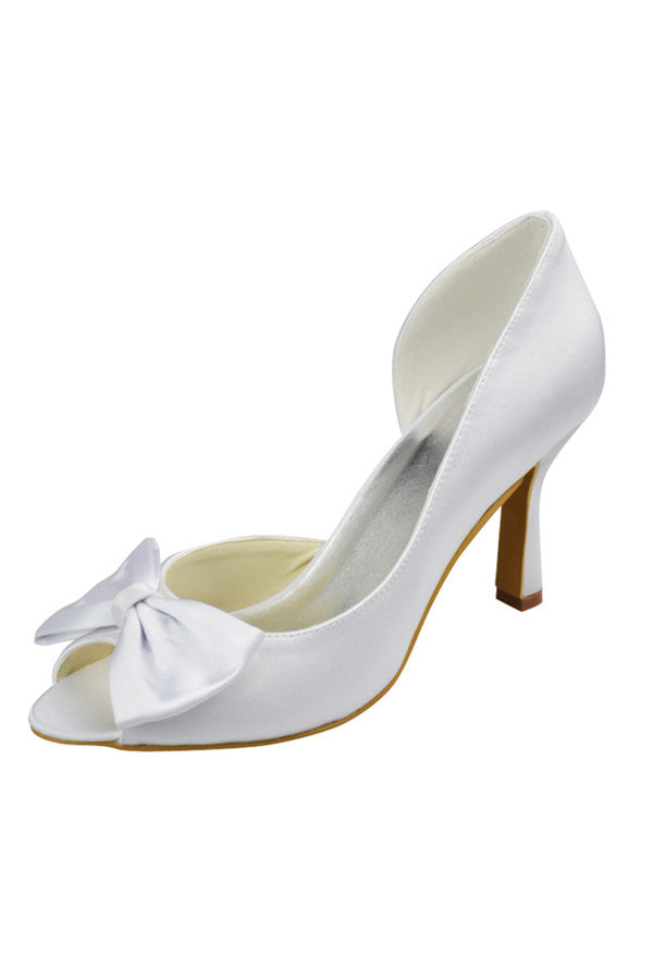 White Beautiful Elegant Satin White Prom Shoes With Bownot S80