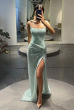 Mint Green Strapless Shiny Mermaid Prom Dress With Hight Split Sexy Evening Dress OK1522