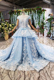 Princess Light Sky Blue Prom Dresses with Flowers, Ball Gown Quinceanera Dress OKP50