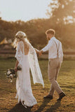 Ivory Wedding Dresses with Batwing Sleeve Lace Backless Bridal Dress OKN89