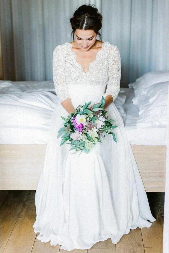 3/4 Sleeves Chiffon Beach Wedding Dresses with Lace, V Neck Backless Bridal Dress OKN90