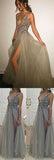 Backless Rhinestone Tulle Deep V-neck Sexy Prom Dress Long Split Prom Dress OK157
