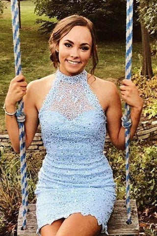 Light Blue Lace Beadsed Tight Homecoming Dress, Sexy Sheath Short Cocktail Dress OKM29