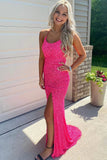 Sparkly Mermaid Sequined Sleeveless Long Prom Dress with Slit Hot Pink Formal Evening Gowns OK1385