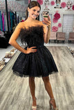 A Line Strapless Black Sequins Feather Short Party Dress Homecoming Dress OK1502