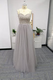 Silver Spaghetti Straps Beaded Bodice Tulle A-line Prom Dress OKS82