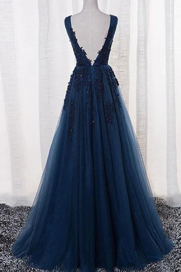V Back Lace Appliques Navy Blue Long Prom Dress Tulle Formal Evening Dress OKX61