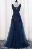 V Back Lace Appliques Navy Blue Long Prom Dress Tulle Formal Evening Dress OKX61