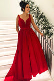 Simple Broad Straps Red Long Prom Dress with Pocket V Neck Cheap Formal Dress OKI9