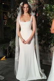 Sheath Square Neck Long Backless Wedding Gowns with Sweep Train OK1423