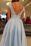 Fashion V-Neck A Line Lace Cap Sleeves Sky Blue Prom Dress for Junior OKS79