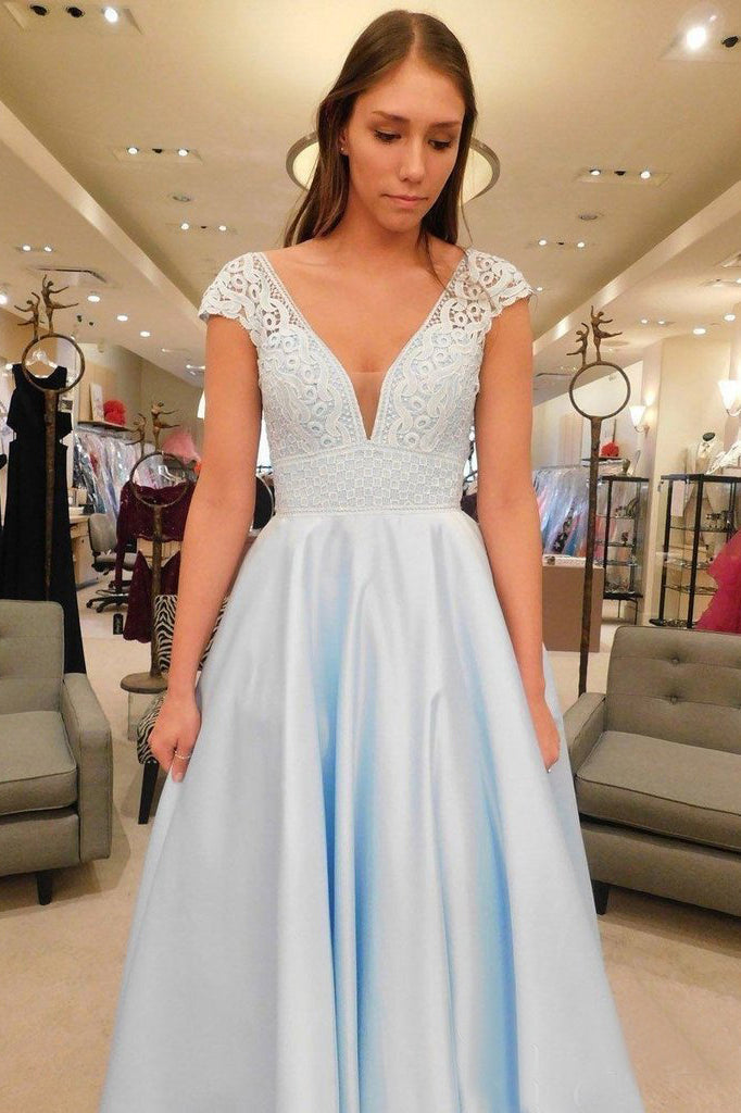 Fashion V-Neck A Line Lace Cap Sleeves Sky Blue Prom Dress for Junior OKS79