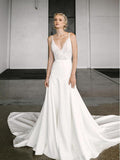 Elegant A-Line V Neck Spaghetti Straps Wedding Dress with Lace OKM90