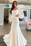 Charming Square Neck Long Sleeves Satin Backless Mermaid Wedding Dress OK1621