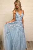 Sky Blue Lace Appliques Straps Long V Neck Prom Dress OKH45