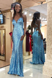 Sky Blue Sequin Sparkly Spaghetti Strap V Neck Prom Dress,Formal Evening Dress OKI99