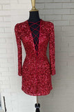 Red Sequined Lace-Up Long Sleeves Sheath Short Homecoming Dresses Cocktail Dress OK1576