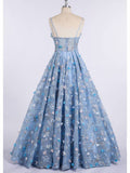 A Line Lace Spaghetti Straps Long Light Blue Prom Dresses OKE42