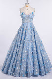 A Line Lace Spaghetti Straps Long Light Blue Prom Dresses OKE42