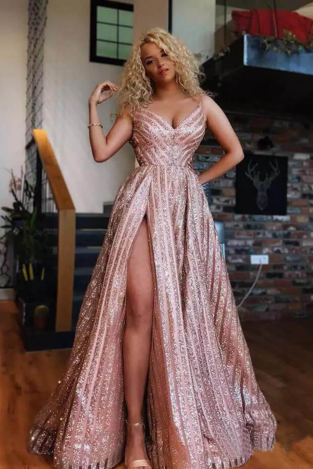 Spaghetti Strap V Neck Rose Gold Sequins Prom Dress Sexy Side Slit Prom Dress OKN76