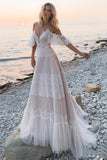 Spaghetti Straps Cold Shoulder Ivory Tulle V Neck Wedding Dress OKP86