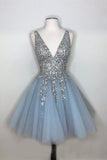 Sparkly A-line Deep V-neck Light Blue Short Homecoming Dress OKO64