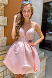 Graceful Spaghetti Straps A Line Pink V-neck Short Satin Cute Homecoming Dress OK1517