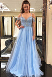 Gorgeous Beading Blue Tulle Long A Line Puffy Prom Dresses,Graduation Dress OK825