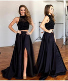 Two Pieces Black Long Sexy Split Prom Dresses, Formal Graduation Party Dresses OK147