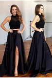 Two Pieces Black Long Sexy Split Prom Dresses, Formal Graduation Party Dresses OK147