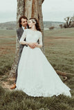 A Line Beteau Neck Half Sleeves V Backs Full Lace Long Wedding Dress OK1073