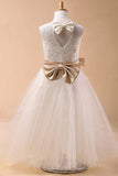 Ball Gown Jewel Sleeveless Bowknot Long Tulle Flower Girl Dress With Sash OK702