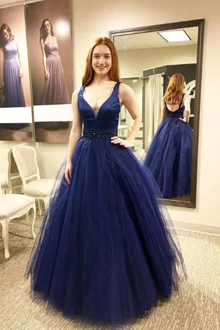 Blue Prom Dresses,Long Prom Gown,V neck Prom Dress,Tulle Prom Dress,Puffy Prom Dress