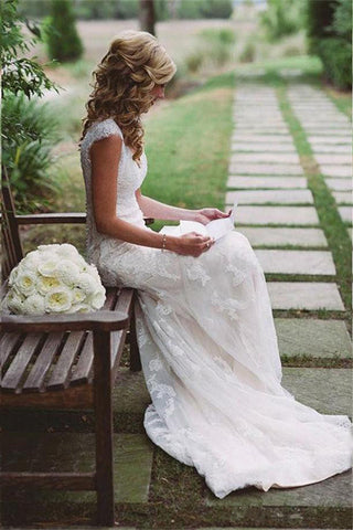 Modest Wedding Dresses,Long Wedding Dress,Lace Wedding Gown,Appliques Wedding Gowns,Open Back Wedding Dress,Cap Sleeves Wedding Dress,Wedding Dresses 2017