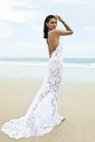 Sexy Mermaid Lace White Halter V-Neck Backless Beach Wedding Dresses OK777