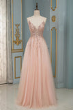 Sparkly Pink Beading Long Prom Dress Spaghetti Straps Tulle Sequined Party Gown OKW71