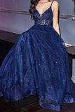 A-line Navy Blue Appliques Spaghetti Straps Long Prom Dresses Shinny Praty Gown OK1954