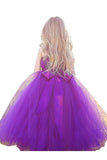 Fuchsia Ball Gown Straps Sleeveless Bowknot Floor-Length Tulle Flower Girl Dresses OK706