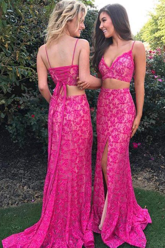 Sexy Prom Dress,Two Piece Prom Dresses,Mermaid Prom Dress,Lace Prom Dress,Fuchsia Prom Dresses
