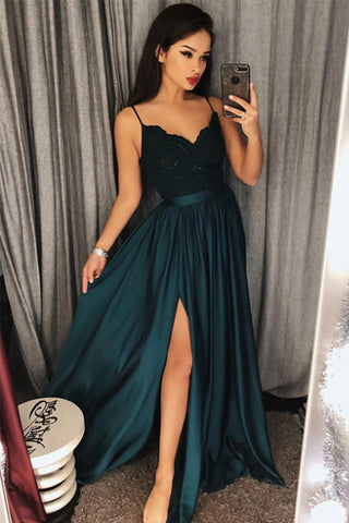 Dark Green Prom Dresses,Spaghetti Straps Prom Gown,Split Prom Dress