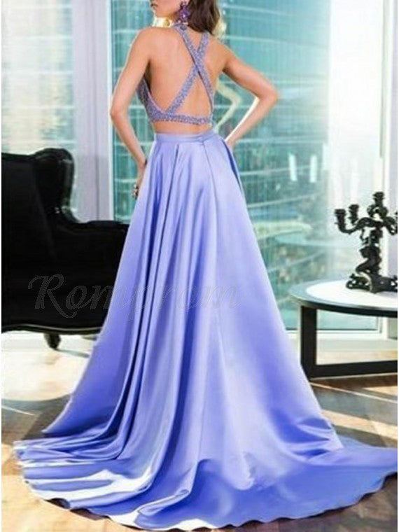 Two Piece Halter Keyhole Beaded Satin A Line Elegant Lavender Long Prom Dresses OK941