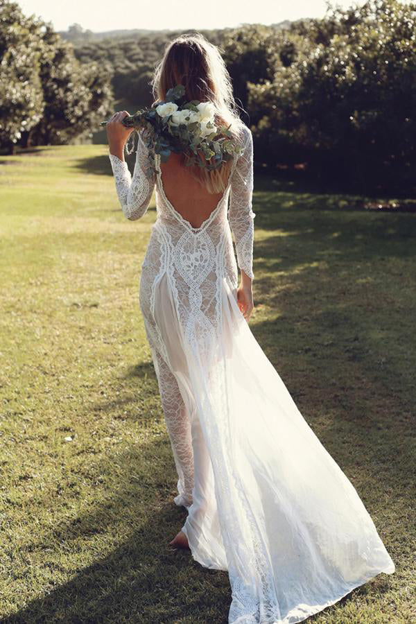 Off White Sheath Long Sleeve Backless Lace Wedding Dresses,Summer Beach Wedding Dress W225