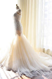 Fashion Tulle Mermaid Lace Appliques Sweetheart Wedding Dresses With Count Train OK590