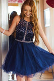 A-line Round Neck Sleeveless Tulle Short Homecoming Dress With Beading OKZ92