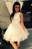 Cute A Line Sleeveless Tulle Short Homecoming Dress with Lace Top OKD88