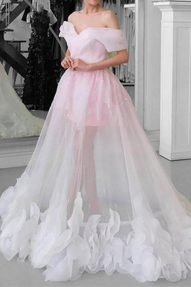Unique A-line Off the Shoulder Pink Tulle Long Prom Dress Formal Evening Dress OKY75